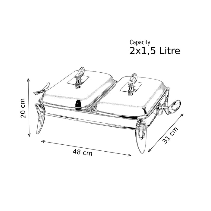 رويال ألفريدو طبق تقديم مستطيل مقسم دبل (2 غطاء + 2 طاجن زجاجي)  ستناليس ستيل فضى * فامية - 914BL