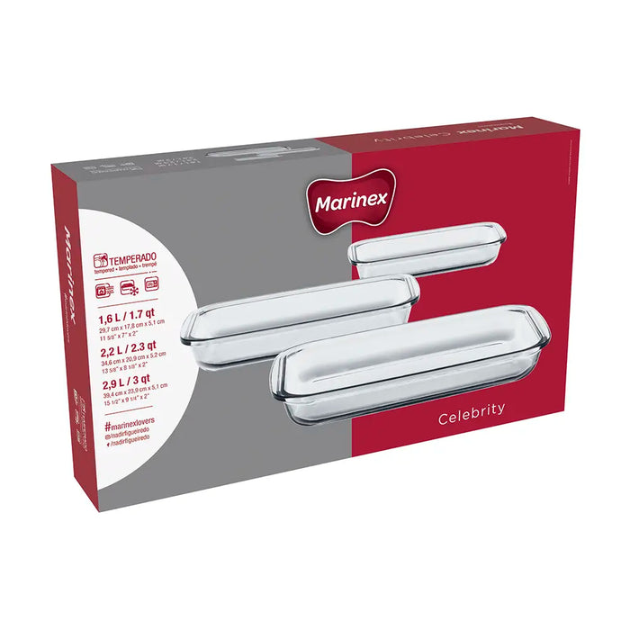 مارينكس طقم طاجن زجاج مستطيل بيد 3 قطع (29.7+34.6+39.4 سم) شفاف - GD167229