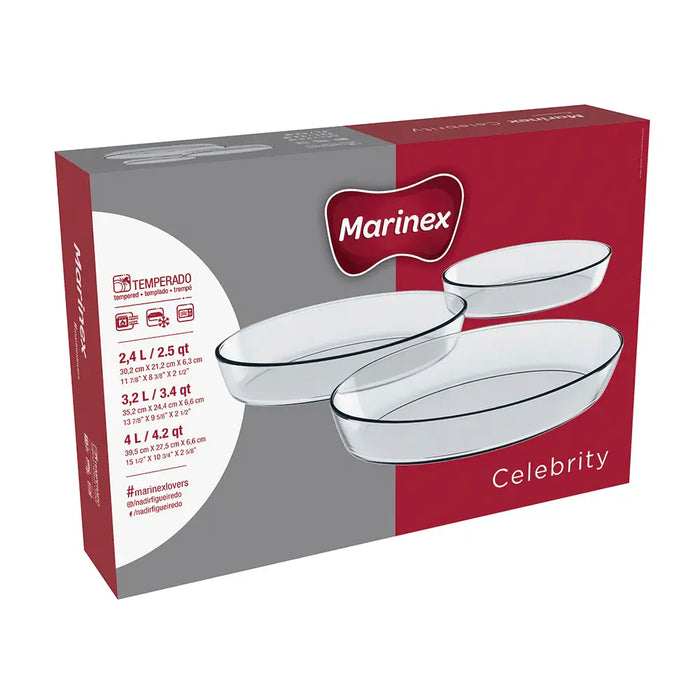 مارينكس طقم طاجن زجاج بيضاوى بيد 3 قطع (2.4+3.2+4 لتر) شفاف - GD167249