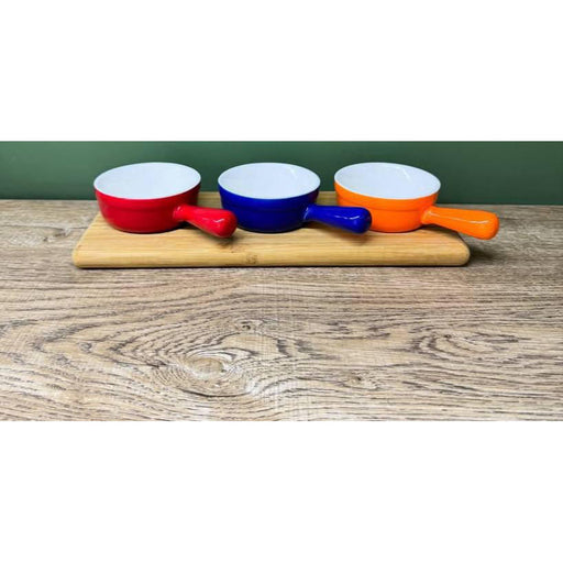 طقم 4 قطع تسالي بورسلين بقاعدة خشب متعدد الالوان - DV9035