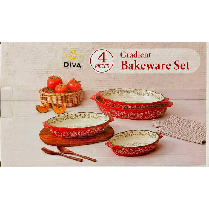 طقم ديفا 4 طاجن فرن بيضاوى بورسلين احمر خط زيتى - DV9028