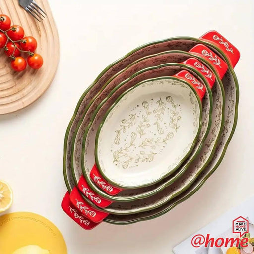 طقم ديفا 4 طاجن فرن بيضاوى بورسلين احمر خط زيتى - DV9028