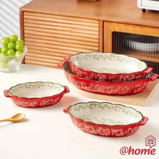 طقم ديفا 4 طاجن فرن بيضاوى بورسلين احمر خط زيتى - DV9028