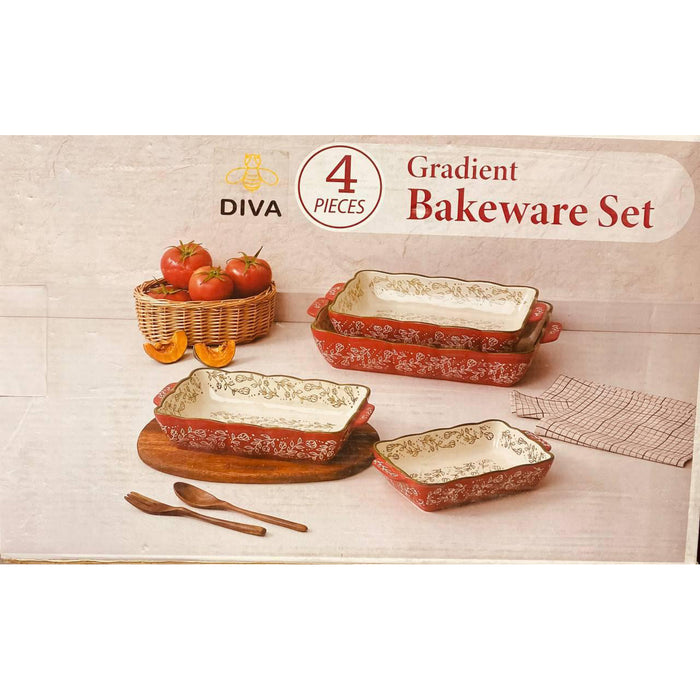 طقم ديفا 4 طاجن فرن مستطيل بورسلين احمر خط زيتى - DV9025