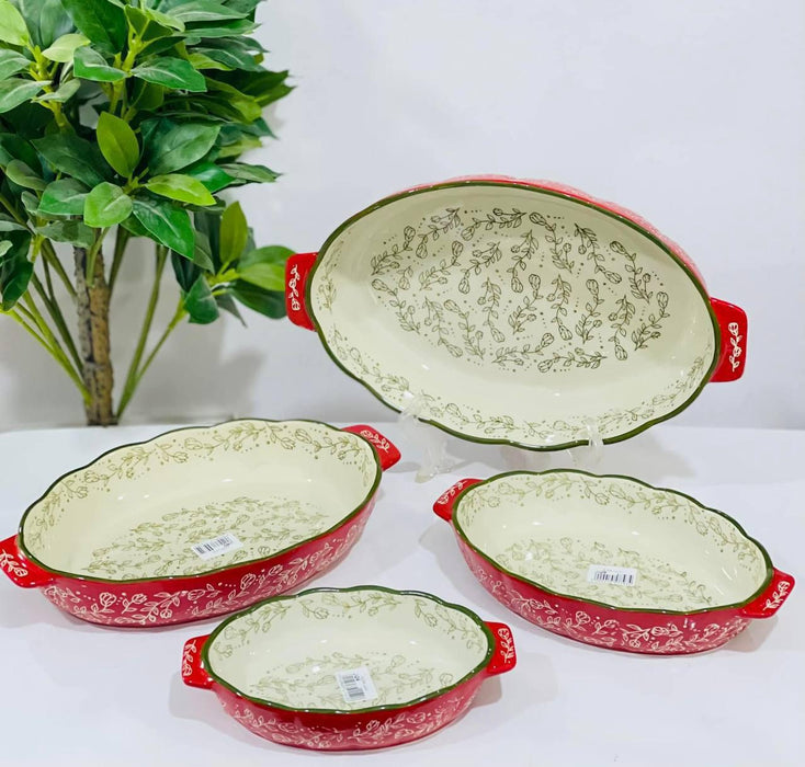 طقم ديفا 4 طاجن فرن بيضاوى بورسلين احمر خط زيتى - DV9028