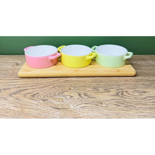 طقم 4 قطع تسالي بورسلين بقاعدة خشب متعدد الالوان - DV9033