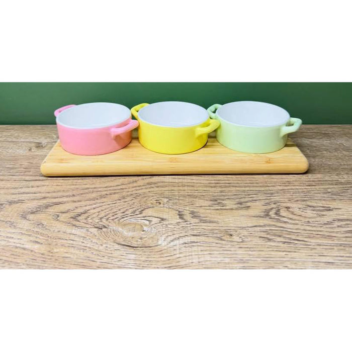 طقم 4 قطع تسالي بورسلين بقاعدة خشب متعدد الالوان - DV9033