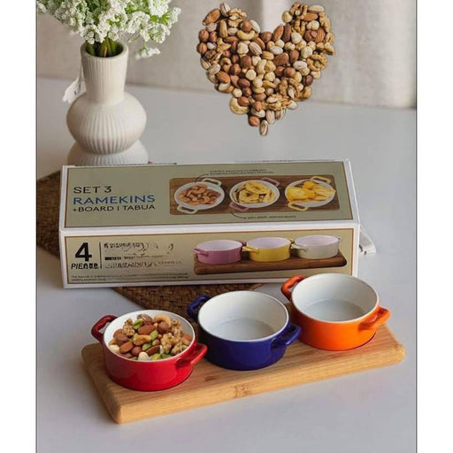 طقم 4 قطع تسالي بورسلين بقاعدة خشب متعدد الالوان - DV9033