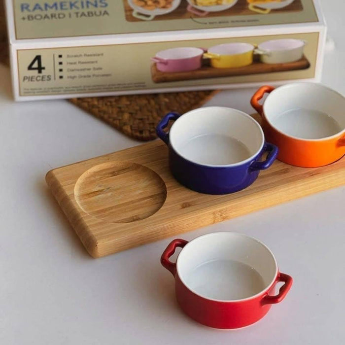 طقم 4 قطع تسالي بورسلين بقاعدة خشب متعدد الالوان - DV9033