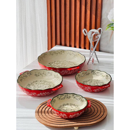 طقم ديفا 4 طاجن فرن دائرى بورسلين احمر خط زيتى - DV9022