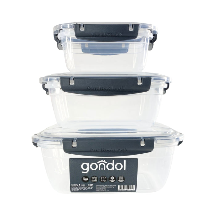 جوندول طقم علب مربع (3 قطع) بلاستيك رمادى - G-390GR