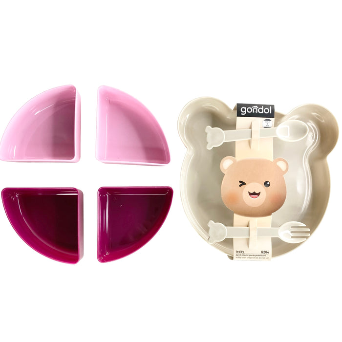 جوندول طبق طعام لاطفال شكل دب 22 سم بلاستيك روز - G-204P
