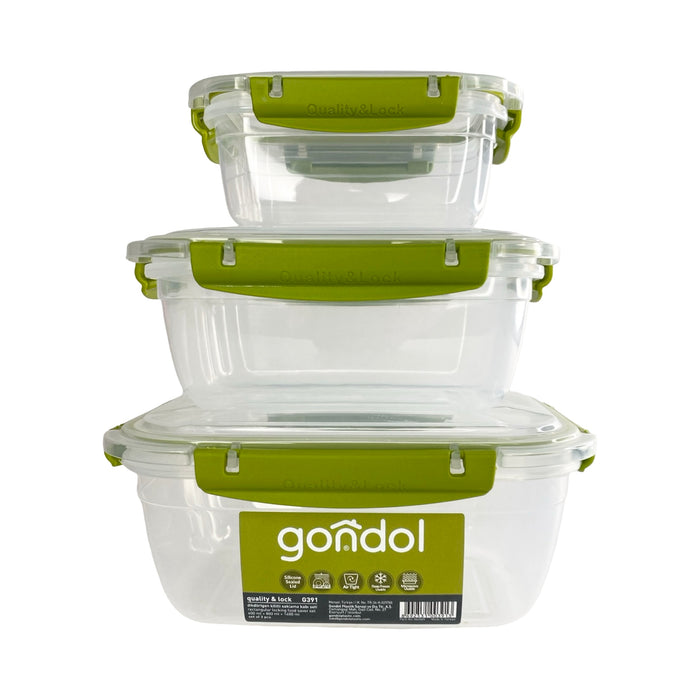 جوندول طقم علب مربع (3 قطع) بلاستيك اخضر - G-390G