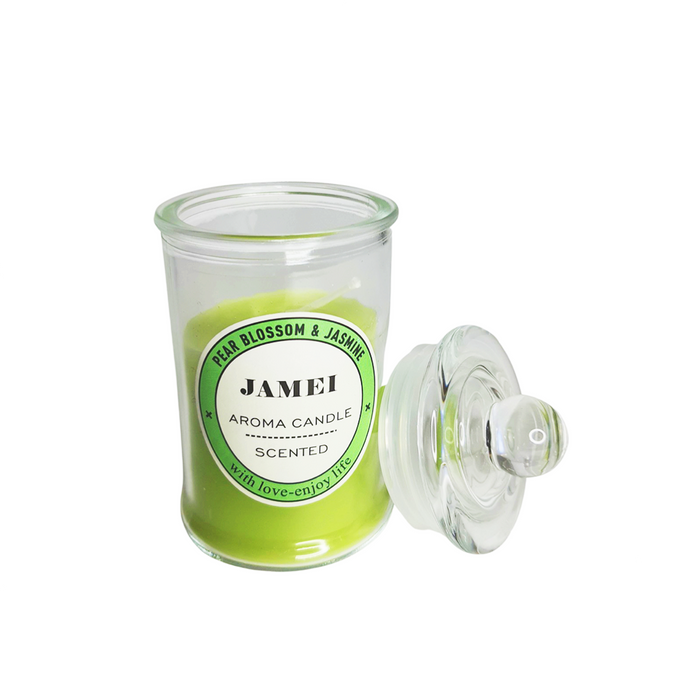 شمعة برائحة زهرة الكمثرى والياسمين بغطاء 11 سم زجاج أخضر - 493G